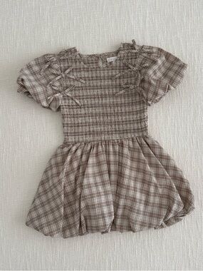 GB girls Brown Plaid Puff-Sleeve Smocked Dress